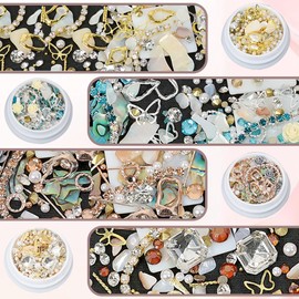 4 Boxes 3D Nail Art Rhinestones Set Mixed Sparkle Nail Charms Multiple Shape Metal Nail Art Diamonds Pearl Crystal Nail Gems for Girl Women DIY Nail Design Craft Decorations Kit