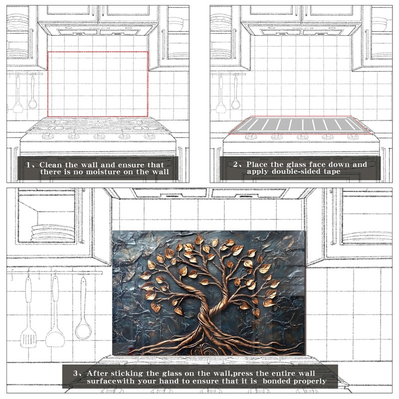 fzxwyishu Tree of Life,Tempered Glass Backsplash For Kitchen Behind Stove,Easy
