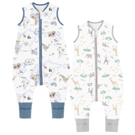 Chilsuessy Baby Sleeping Bag with Feet, Pack of 2, 1.5 Tog, Children's All-Year Sleeping Bag, 100% Cotton Baby Sleeping Bag with Legs, 1.5 Tog/Giraffe Forest + Animal Card, 80 cm, Baby Height 85-95 cm