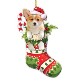 Corgi Dog Acrylic Flat Christmas Ornament - Cute Corgi Puppy in Stocking with Santa Hat - 2024 Corgi Dog Christmas Ornament - Fun and Festive Acrylic Tree Hanging Decoration - 2024 Corgi Dog Ornament