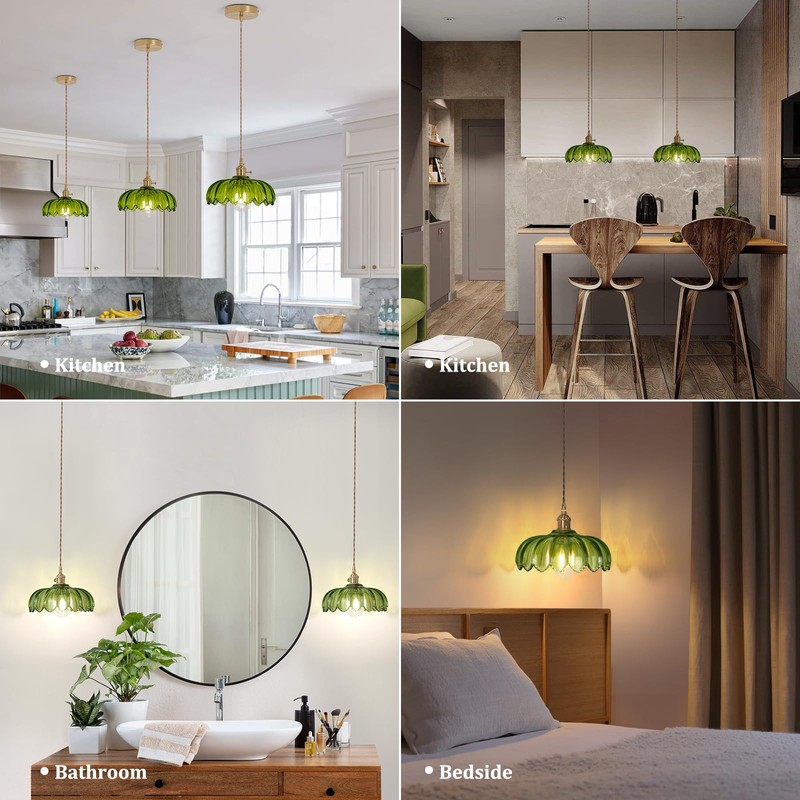 Shenmoyl Pendant Light with Green Scindapsus Glass Lmapshade, Brass Vintage