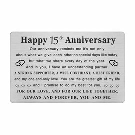 TGCNQ Metal Engraved 15 Year Anniversary Card, 15th Anniversary Card Gifts for Husband Wife Him Her, 15 Year Wedding Anniversary Decorations