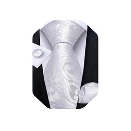 DiBanGu Mens Tie Set Silk Solid Paisley Necktie and Pocket Square Cufflinks Classic Formal Ties for Men Wedding Party, White