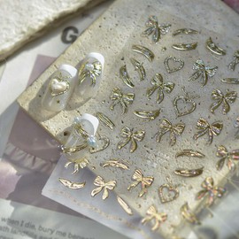 Gold Bow Nail Stickers for Nail Art Heart Bow Nail Decals Coquette Stickers for Nails 3D Self Adhesive Nail Art Supplies & Decorations for Women Girls,1 Sheet DIY Manicure Decor