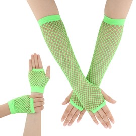 QfwdfcTrenz 2 Pairs Neon Green Fishnet Arm Sleeves & Fingerless Gloves - Stretchy Mesh for Glow Party & Theme Costume Accessories for Women