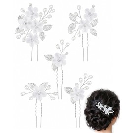 LONZIKP Pack of 5 Silver Bridal Hair Accessories Wedding Hair Pins - 5 Different Models with Pearls & Flowers, Elegant Hair Clips for Wedding Hairstyles, Women & Girls