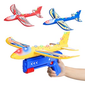 Doloowee Aeroplane Launcher Toy, 3 Styrofoam Aeroplane with Catapult, 2 Flight Modes & LED Lighting, Outdoor Toy & Birthday Gifts for Boys Girls 3 4 5 6 7 8 9 10 Years Old