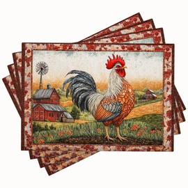 Juego de 4 manteles individuales de gallo para mesa de granja de pollo, lavables para el hogar, fiesta, interior, cocina, comedor, decoración, 12 x 18 pulgadas