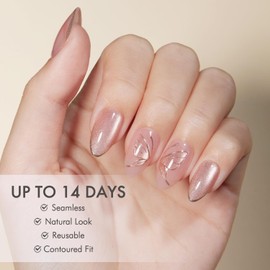 VSALON Press-On Nails Short Almond - Chrome Pink Cat Eye Butterfly Design, Reusable Metallic Fake Nails with Nail Glue, Protector Cuticle Oil, Adhesive Tabs & Mini Nail File - 32 PCS in 16 Sizes (Butterfly)