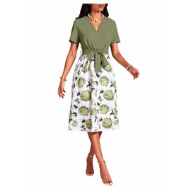 winkbay Women's Floral Midi Dress Vintage Wrap V Neck Belted Flowy Elegant Party Dresses Olive Green Large
