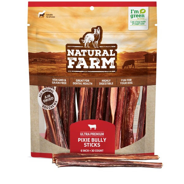 Natural Farm Bully Sticks (6 Inch, 30 Pack), Thin Pizzle Pixie Beef Treats, Grain-Free, High Protein, Best Rawhide Alternative for Small, Puppies or Senior Dogs