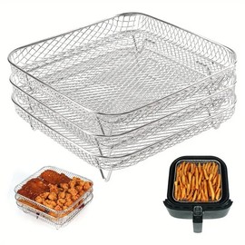 AIMALL 3-Piece Air Fryer Grill Rack – Food Grade 304 Stainless Steel, Multi-Layer Stackable Mesh Tray for Round, Square, and Rectangular Air Fryers