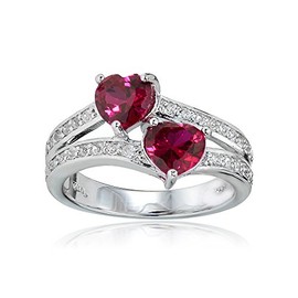 Ice Gems Sterling Silver Created Ruby and White Topaz Double Heart Friendship Ring, Size 6