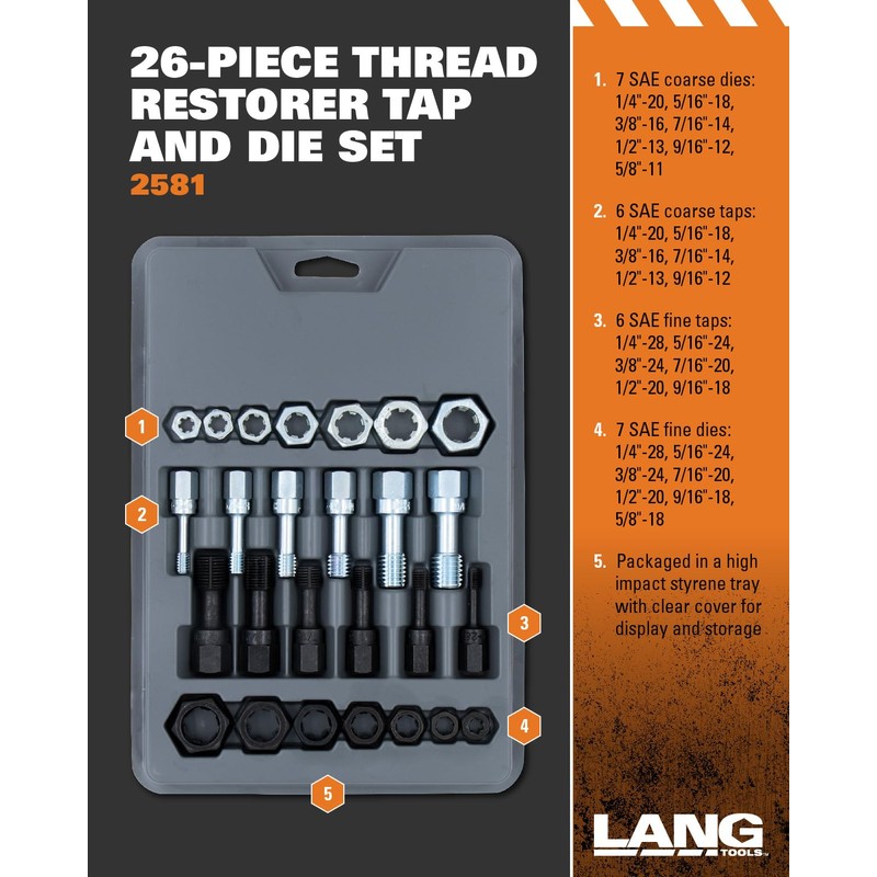 Lang Tools 2581 26-Piece Thread Restorer Tap and Die Set,