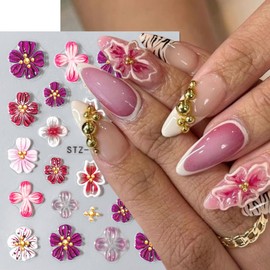 Flower Nail Art Stickers, 5D Embossed Hibiscus Flower Nail Decals Colorful Aurora Gradient Ice Transparent Flowers Design Self-Adhesive Summer Stickers DIY Engraved Manicure Foils Nail Art 2 Sheets