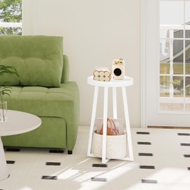 HOOBRO Small Round Side Table, 2-Tier Round Sofa End Table, Compact Nightstand with Fabric Storage Basket, for Small Space, Living Room, Bedroom, Dorm, White and Beige WW183BZ01