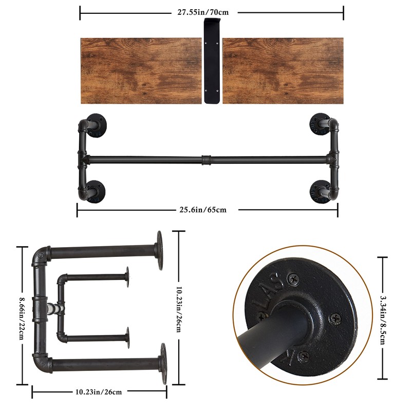 Yawinhe Industrial Pipe Clothes Rack with Top Shelf, Wall Mounted