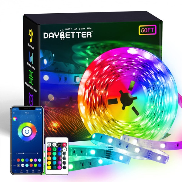DAYBETTER Led Strip Lights 50ft Smart Light Strips with App Control Remote, 5050 RGB Led Lights for Bedroom, Music Sync Color Changing Lights for Room Party