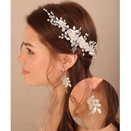 Xerling Bridal Silver Flower Hair Vine with Flower Hook Earrings Boho Rhinestones Headpieces Wedding Pearl Hair Accessories for Women Girls (Type C)