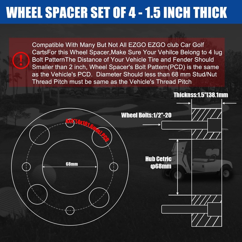 JiiinMiiin 4X4 1.5"(38mm) Golf Cart Wheel Spacers Adapters with Hub