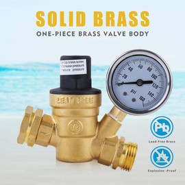 Water Pressure Regulator Valve 3/4" NH Brass Lead-free Adjustable Water Pressure Reducer with Gauge for RV Camper, and Inlet Screened Filter