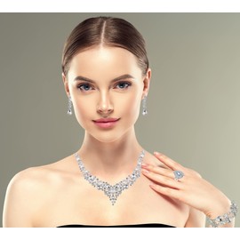 Paxuan Crystal Rhinestone Women Jewelry Sets for Wedding Bridal Party Bridesmaids Crystal Necklace Earrings Bracelets Rings Jewelry Set for Mother’s Day