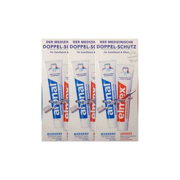 3 x aronal toothpaste aronal and elmex toothpaste for gums and teeth, double pack 2x 75 ml toothpaste, 5 ml, gum protection with zinc PZN: 9431782 elmex research