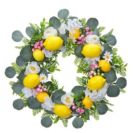 Fairblo 18 Inch Lemon Wreath for Front Door, Spring Summer Artificial Wreath with Faux Yellow Lemon, Green Leaves, Berries and Daisy for Front Door, Window and Wall Hanging Decorations