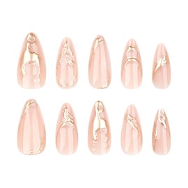 2024 Christmas Press on Nails - Golden Christmas | Short Almond Shaped Nude Artificial False Nails, Glossy Stick on Fake Nails with 3D Pattern, 24 Pcs 12 Sizes Reusable Nails Kit
