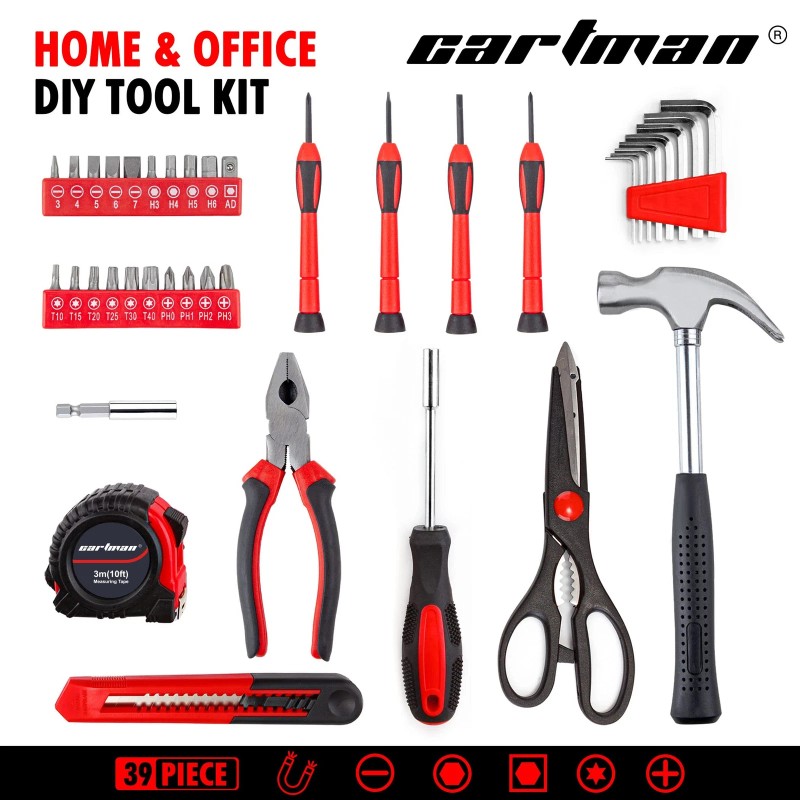 CARTMAN 39piece Tool Set General Household Kit with Plastic Toolbox