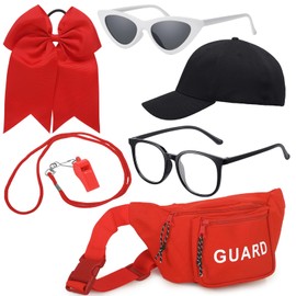 Floraltop 6 Pcs Guard Costume Set Include Red Fanny Pack Guard Hat Cat Eye Sunglasses Black Frame Glasses Red Hair Bows Whistle with Lanyard Costume Accessories for Women Couple Cosplay Party