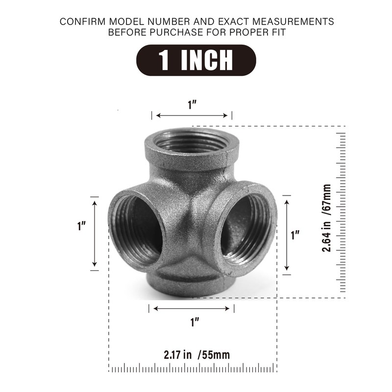 AGUTEA Right Angle Black Malleable Iron Tee Fitting 4-Way Side