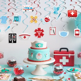 Nurses Week Decorations, 30 PCS Nurses Week Hanging Swirl Decorations with Foil Ceiling Streamers, Red and Blue Nurse Graduation Party Supplies for Nurse Doctor Medical Graduation Party Decoration