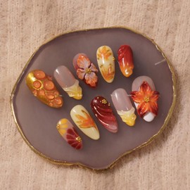 30Pcs 3D Fall Press on Nails Medium Almond Maple Leaf Fake Nails Handmade Acrylic Nails Autumn Flower Rhinestones Glue on Nail French Tip False Nails Thanksgiving Gold Leaves Artificial Nail Decor