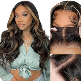 AHUFALU 7x5 Ombre Lace Front Human Hair Body Wave Highlight Wig1B/27 Lace Frontal Wigs Human Hair 220% Density Honey Blonde Glueless Wigs Human Hair Pre Plucked Pre Cut 22Inch