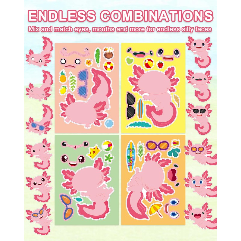 Aowplc 32 Sheets Axolotl Make-a-Face Stickers Mix 'n Match Crafts