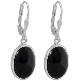 I-be, 394412 k KB Onyx Gemstone Earrings Oval 925 Silver Length 3 cm in Gift Box, Sterling Silver, Onyx