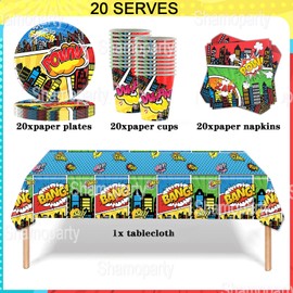 City Heroes Party Tableware, 61 Pieces, Superhero Boy Party Tableware, Plates, Napkins, Cups, Tablecloth, Children's Birthday Decoration Set for 20 People