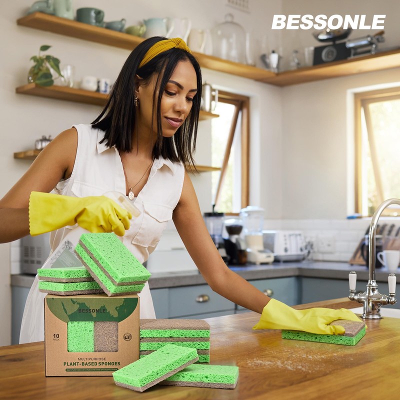 BESSONLE 10 Pack Biodegradable Natural Sponges Kitchen - Compostable Cellulose