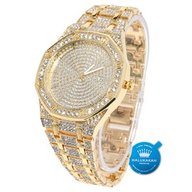 HALUKAKAH Diamonds Gold Watch Iced Out,Men's 18K Real Gold Plated 40MM Width Octagonal Round Dial Quartz Wristband 22cm,Free Giftbox