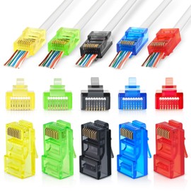 Conectores de paso a través de RJ45 Cat6 Colores surtidos - Paquete de 50 piezas | Enchufe modular Ez para cable Ethernet UTP sólido o trenzado