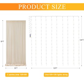 Fomcet Tulle Backdrop Curtains Champagne 10FT X 8FT Tulle Curtains with Lights String Sheer Backdrop Curtains for Parties Wedding Baby Shower Photo Shoot Decorations (2 Panels 5 x 8FT)