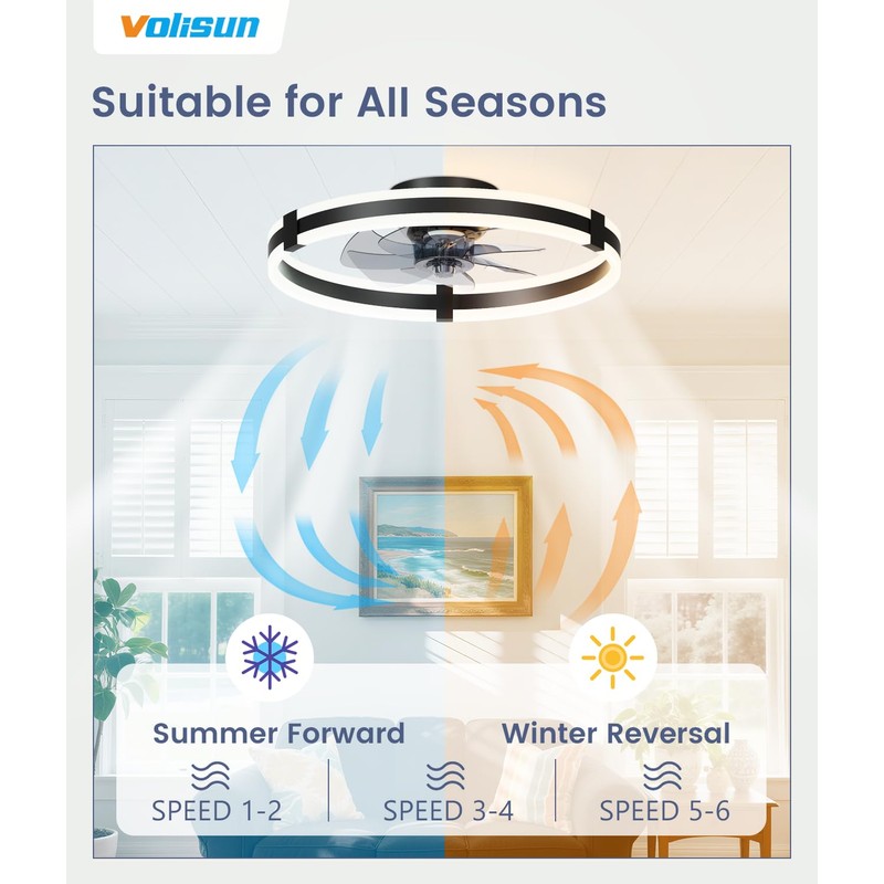 VOLISUN Ceiling Fans with Lights and Remote, 19.7in Low Profile