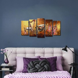 Derkymo 5 Pieces Vintage Music Canvas Wall Art Classical Instrument Drum Violin Pictures Paintings on Stretched and Framed Canvas Art for Living Room 60"x32"(5 Pieces)