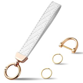 Weixiltc Leather Wristlet Keychain, Car Key Chain Holder with 2 Key Ring and Anti-Lost D Ring, Key Fob Wristband for Women (White)