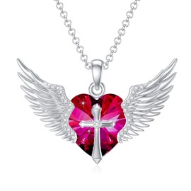 Flpruy Angel Wings Necklace with Cross Sterling Silver Guardian Angel Wings Pendant with Birthstone Necklace Valentine's Day Anniversary Birthday Angel Jewelry Gifts for Women Girl, Sterling Silver,