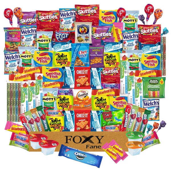 Foxy Fane 100 count Ultimate Halloweeen Snack Box - Gift Basket with Assortment of Crackers, Cookies, Candy & Chips - Bulk Bundle of Tasty Treats for Kids, Teens & Children of all Ages (100 Snacks)