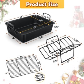 TeamFar Roasting Pan, 14” Nonstick Deep Lasagna Brownie Turkey Pan with V-Shaped Rack & Cooling Rack, with Stainless Steel Core & Nonstick Coating, Healthy & Heavy Duty, Easy to Clean, Set of 3