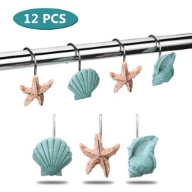 AGPTEK Shower Curtain Hooks, 12PCS Anti Rust Decorative Resin Hooks for Bathroom, Baby Room, Bedroom, Living Room Decor (Blue Seashell)