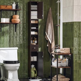 Haotian Bathroom Narrow Storage Cabinet, Skinny Tall Unit with Adjustable Shelves Slender Anti-Tipping Floor Standing Cupboard, Brown BZR34-BR